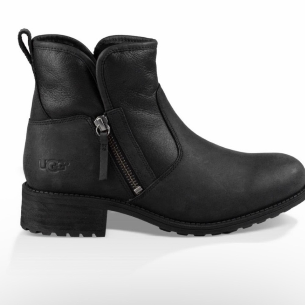 UGG Black Leather Ankle Boot with Side Zip